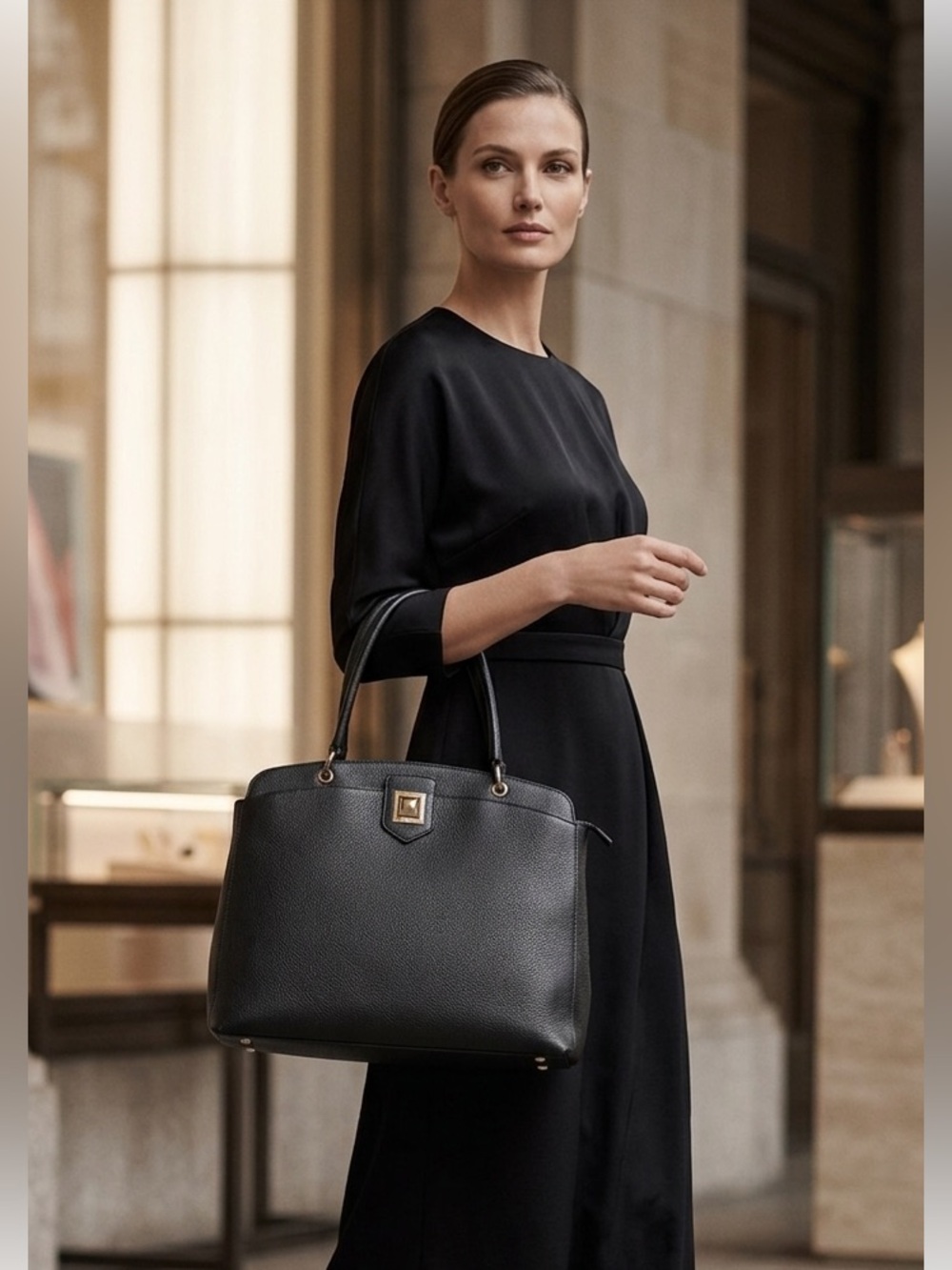 Furla ANNA Shoulder Bag/Black Tote with Gold Accent